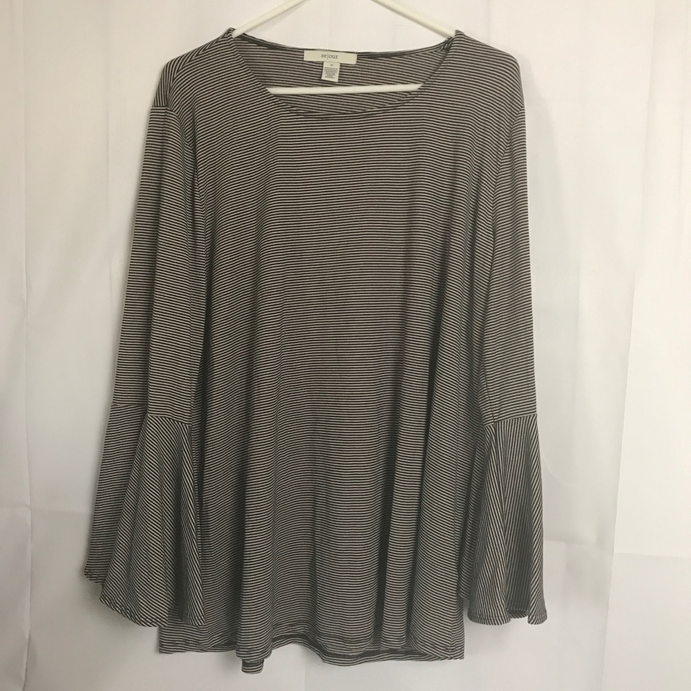 Sejour Blouse 2X Black Beige Bell Sleeves NEW